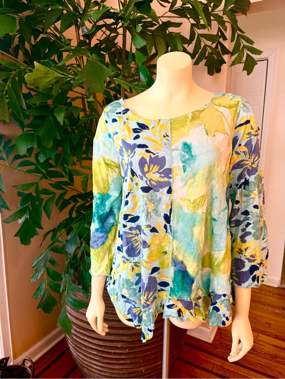 Scoop Neck Floral Watercolor Blouse in Blue, Green & Yellow